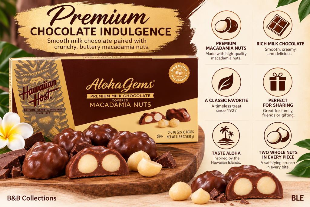 Hawaiian Host Aloha Gems Milk Chocolate Covered Macadamia Nuts, 8 oz Each, 3-Pack (24 oz Total), Premium Hawaiian Chocolate Candy, 42 Pieces