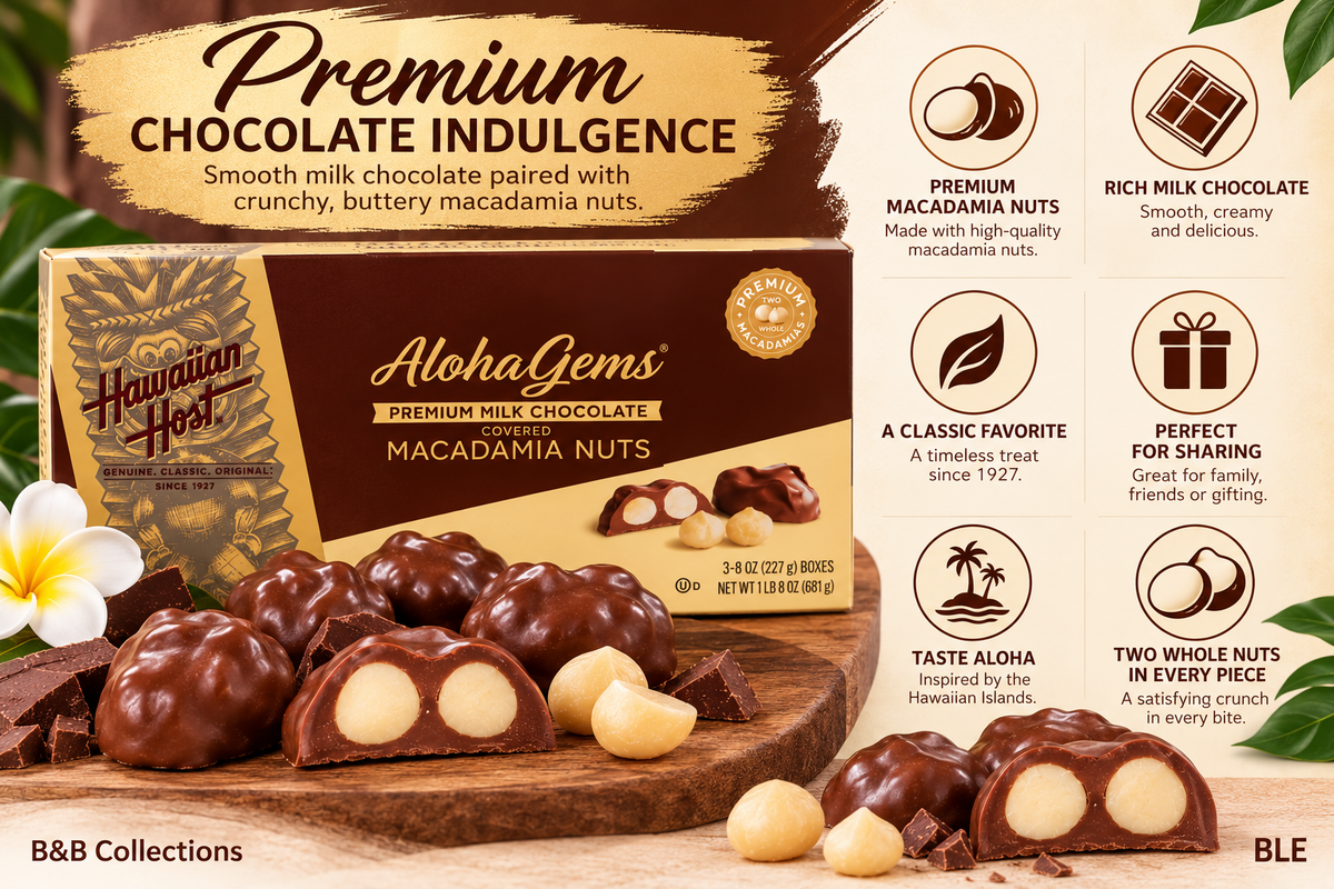Hawaiian Host Aloha Gems Milk Chocolate Covered Macadamia Nuts, 8 oz Each, 3-Pack (24 oz Total), Premium Hawaiian Chocolate Candy, 42 Pieces