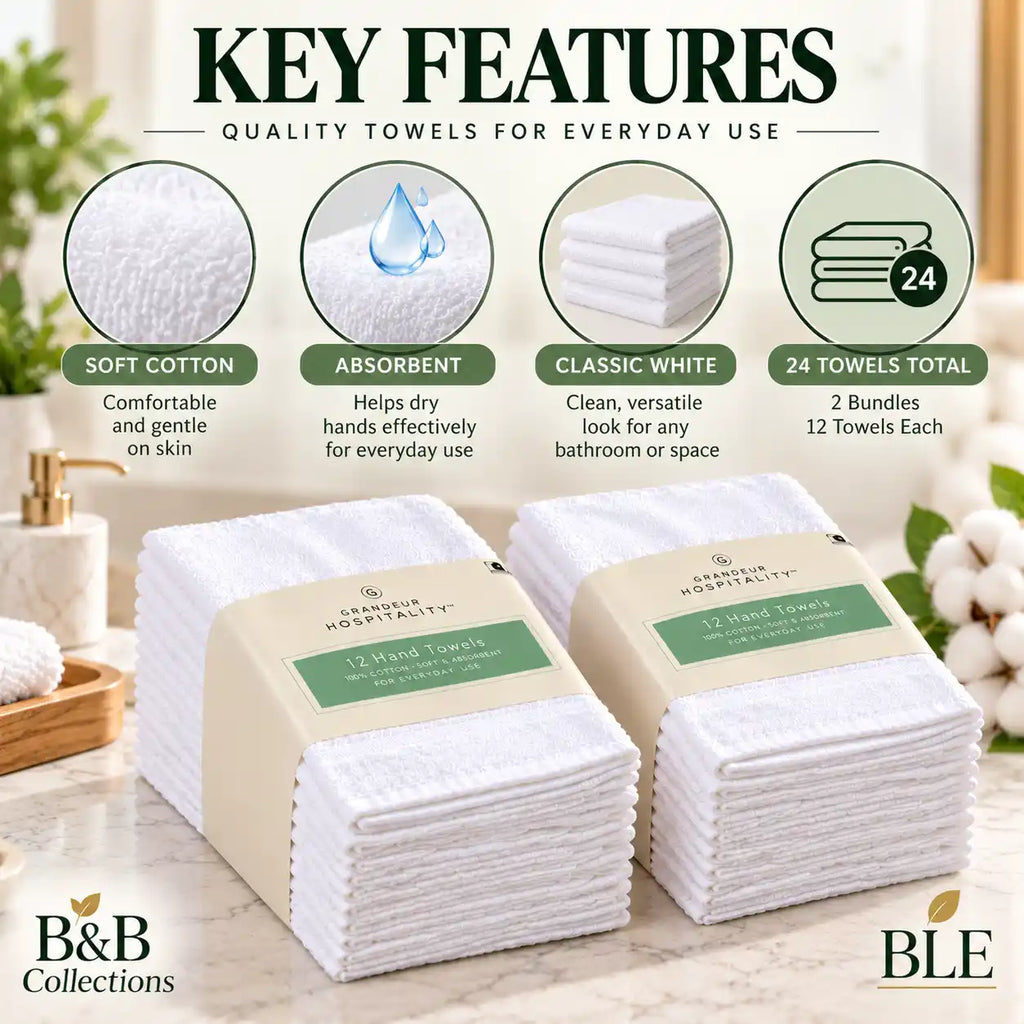 Grandeur Hospitality White Hand Towels, Soft & Absorbent Cotton Towels for Bathroom, Guest Room, Hotel & Spa, 12 Count per Bundle (2-Pack, 24 Towels Total)