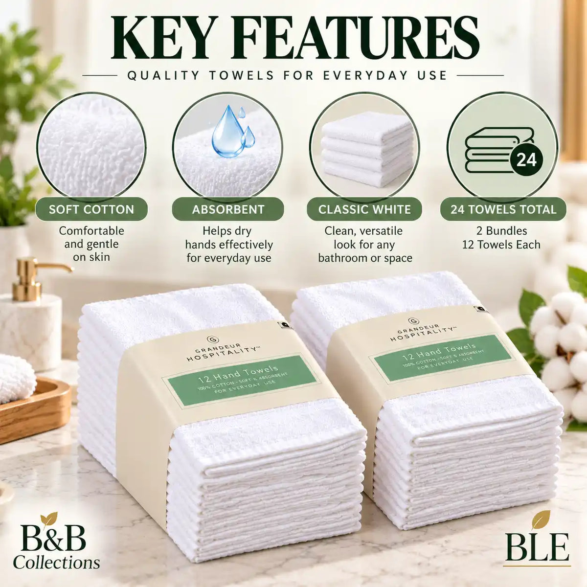 Grandeur Hospitality White Hand Towels, Soft & Absorbent Cotton Towels for Bathroom, Guest Room, Hotel & Spa, 12 Count per Bundle (2-Pack, 24 Towels Total)