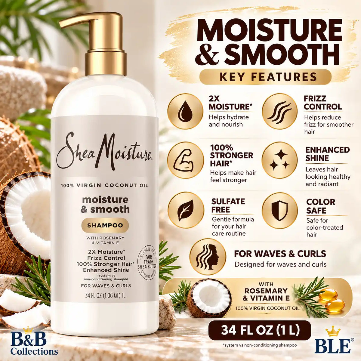 SheaMoisture 100% Virgin Coconut Oil Moisture & Smooth Shampoo with Rosemary & Vitamin E, For Waves & Curls, 34 fl oz (1 L)