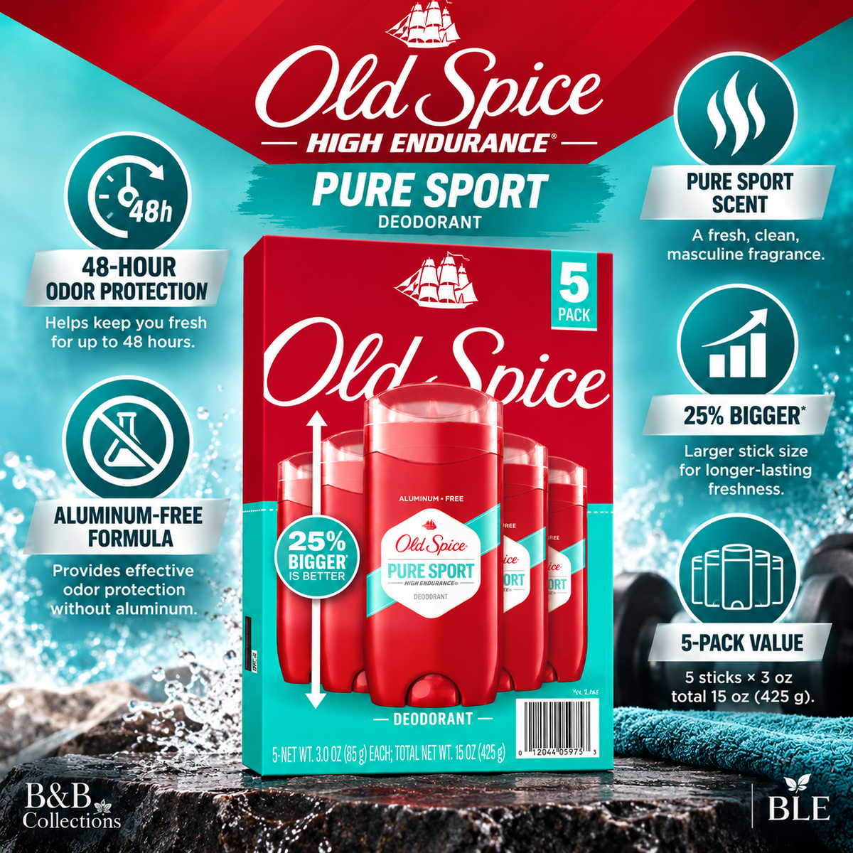 Old Spice High Endurance Pure Sport Deodorant for Men, 48-Hour Odor Protection, Aluminum-Free, 3 oz Each (5 Pack)