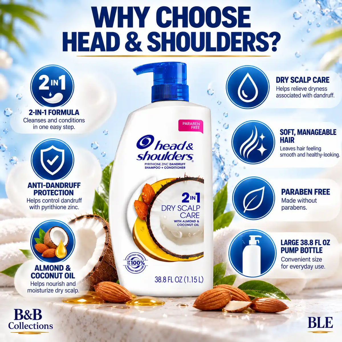 Head & Shoulders 2-in-1 Dry Scalp Care Anti-Dandruff Shampoo & Conditioner with Almond & Coconut Oil, Paraben Free, 38.8 fl oz (1.15 L), Pump Bottle
