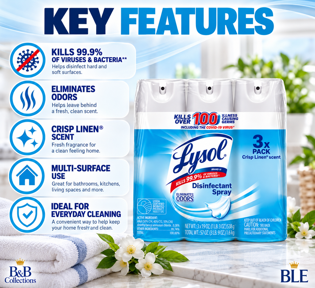 Lysol Disinfectant Spray, Crisp Linen Scent, 19 oz Cans, Kills 99.9% of Viruses & Bacteria, Odor Eliminator, Multi-Surface Disinfecting Spray, 3 Pack