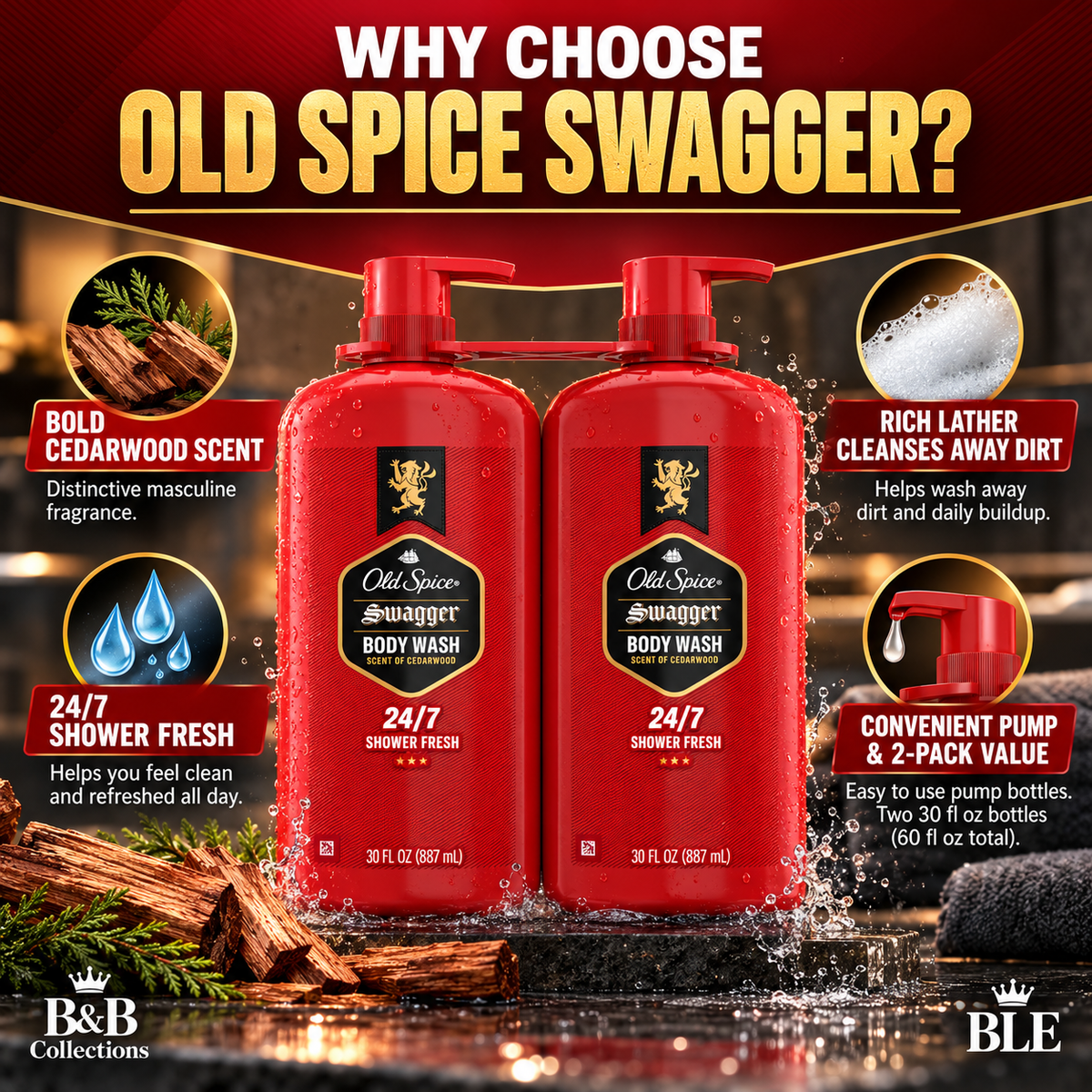 Old Spice Swagger Body Wash for Men, Cedarwood Scent, 24/7 Shower Fresh, 30 fl oz Each, 2 Pack (60 fl oz Total)
