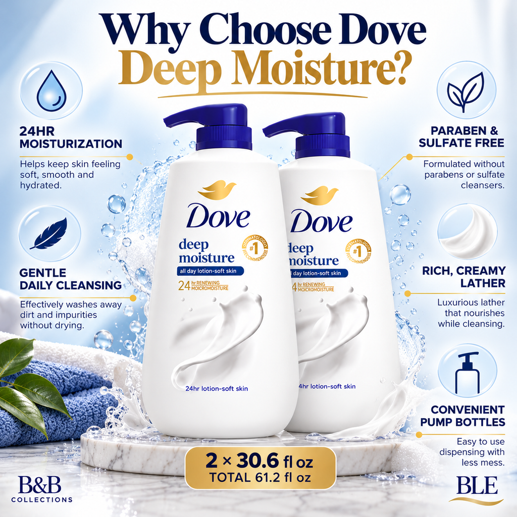 Dove Deep Moisture Body Wash with Pump, 30.6 fl oz Each, Pack of 2 – 24HR Moisturizing Body Cleanser for Soft, Smooth Skin, Paraben & Sulfate Free
