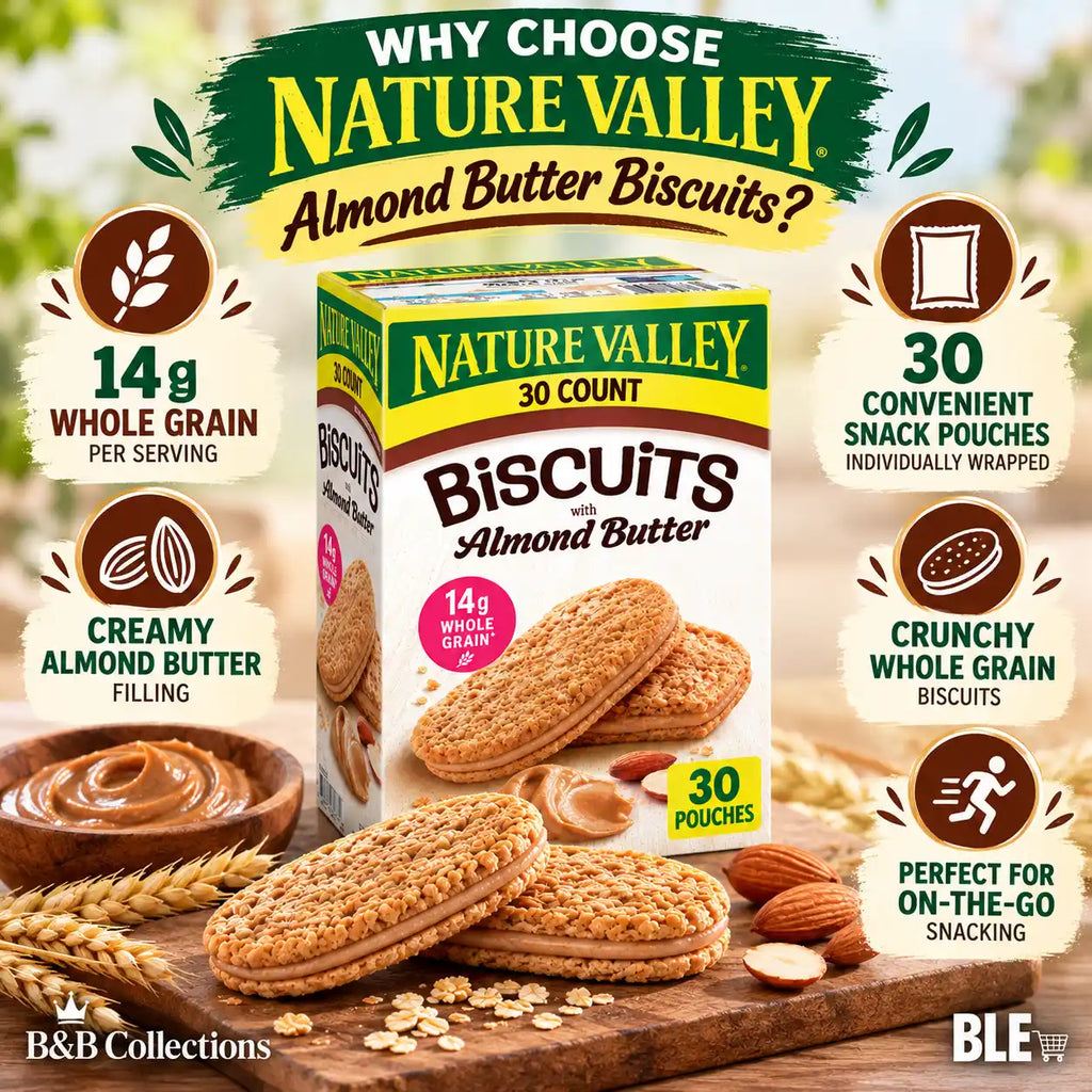Nature Valley Biscuits with Almond Butter, Whole Grain Sandwich Biscuits, 14g Whole Grain, Individually Wrapped Snack Pouches, 30 Count