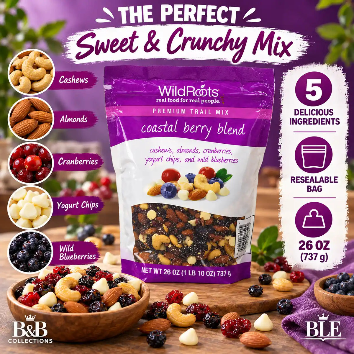 WildRoots Premium Trail Mix Coastal Berry Blend, Cashews, Almonds, Cranberries, Yogurt Chips & Wild Blueberries, 26 oz (737 g), Resealable Bag