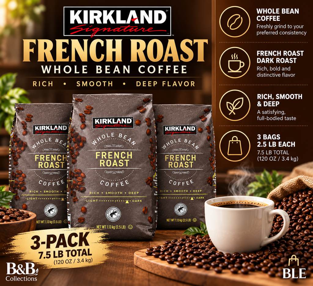Kirkland Signature French Roast Whole Bean Coffee, Dark Roast, Rich & Smoky Flavor, 2.5 lb Bags, 3-Pack (7.5 lbs Total)