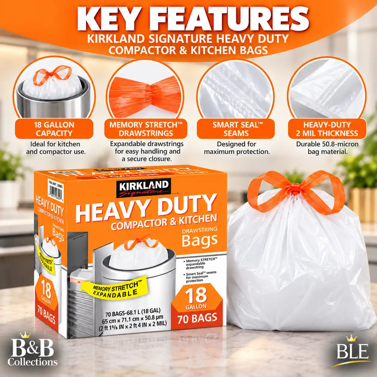 Kirkland Signature Heavy Duty Compactor & Kitchen Trash Bags, 18 Gallon, 70 Count, Drawstring, Memory Stretch Expandable, White