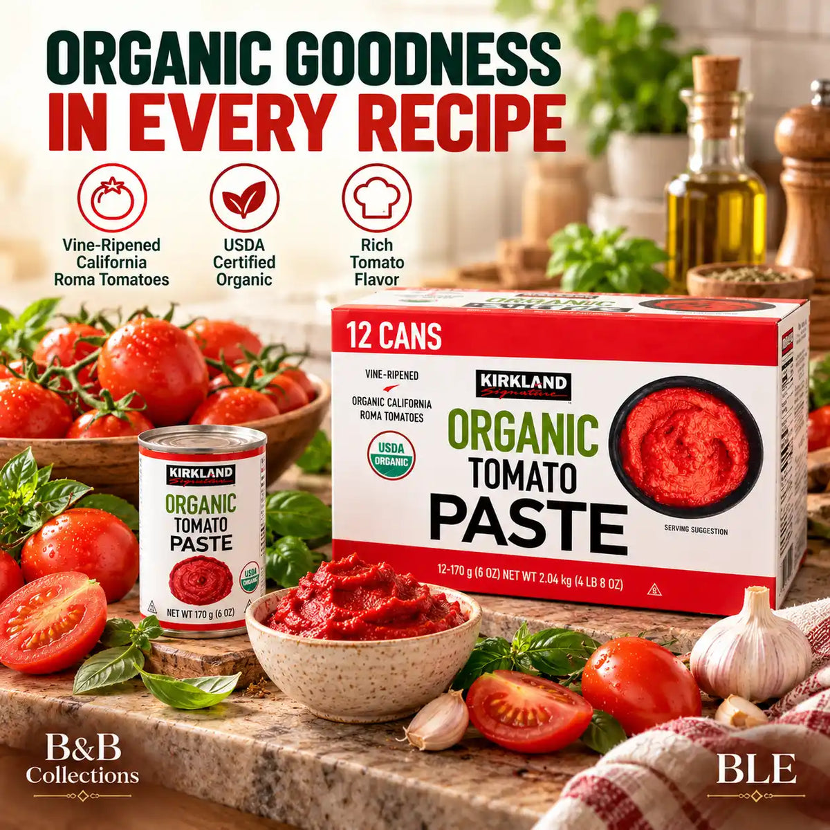 Kirkland Signature Organic Tomato Paste, USDA Organic, Vine-Ripened California Roma Tomatoes, 6 oz Cans, 12-Pack (72 oz Total)