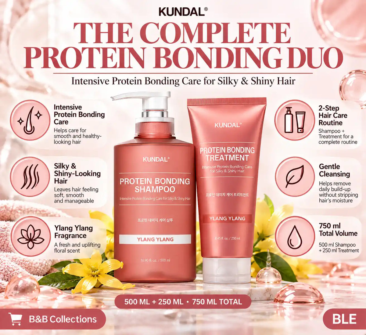KUNDAL Protein Bonding Shampoo & Treatment Set, Ylang Ylang Scent, Intensive Hair Care for Silky & Shiny Hair, 500 ml Shampoo + 250 ml Treatment, 2-Piece Set