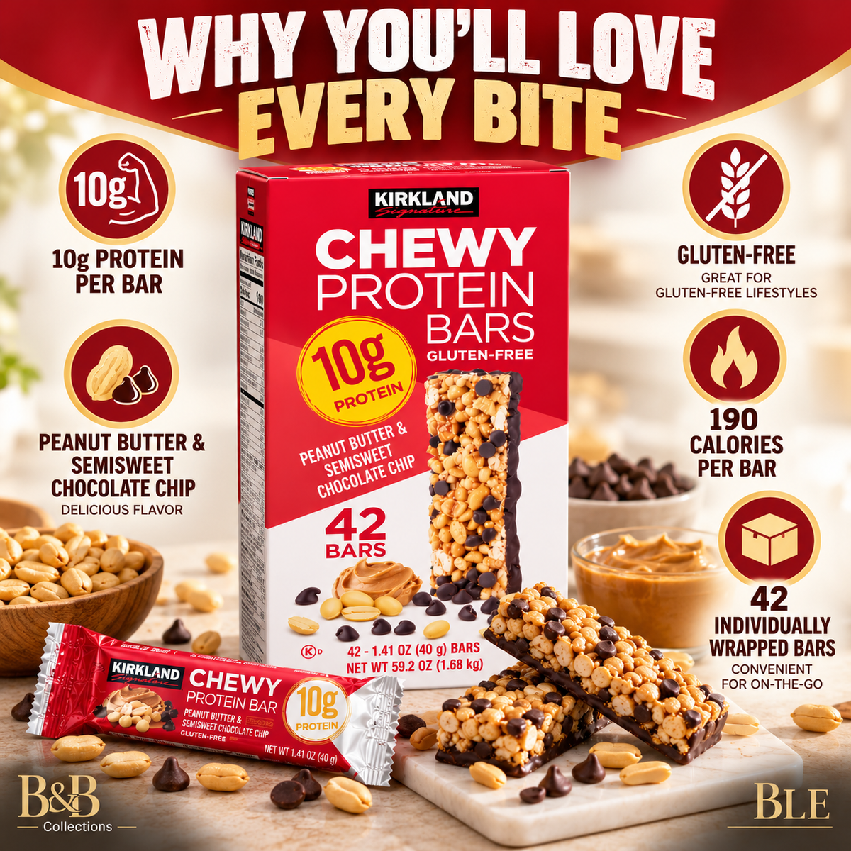 Kirkland Signature Chewy Protein Bars, Peanut Butter & Semisweet Chocolate Chip, 10g Protein, Gluten-Free, 1.41 oz Bars, 42 Count