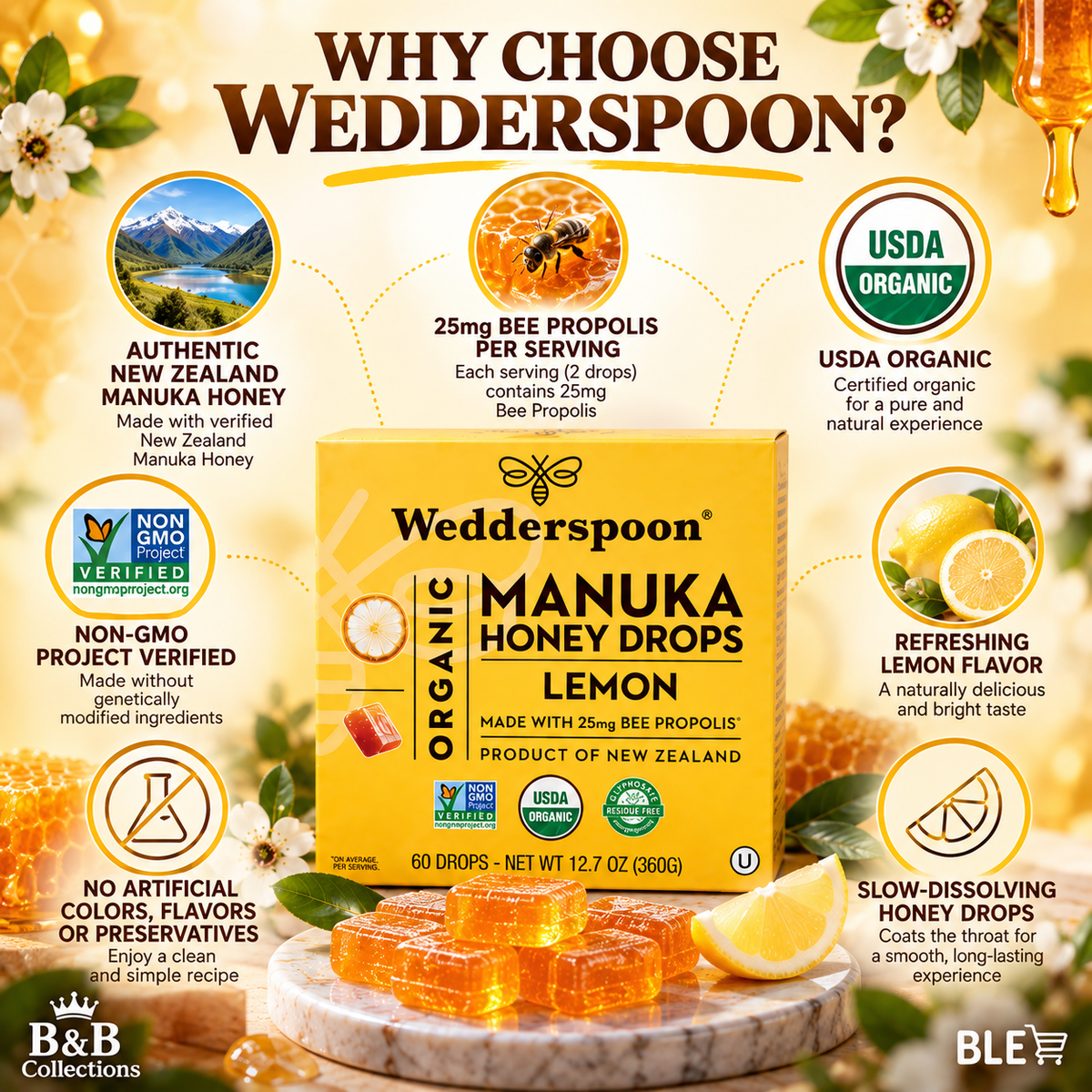 Wedderspoon Organic Manuka Honey Drops, Lemon Flavor, Made with 25mg Bee Propolis, Slow-Dissolving Honey Lozenges, 60 Drops, 12.7 oz (360g)