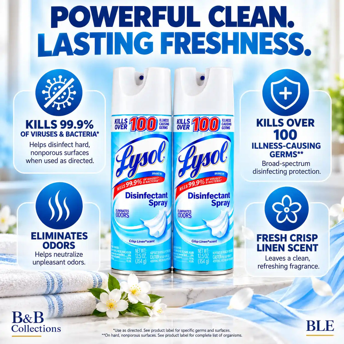 Lysol Disinfectant Spray, Crisp Linen Scent, Kills 99.9% of Viruses & Bacteria, Eliminates Odors, 12.5 oz Cans (Pack of 2)