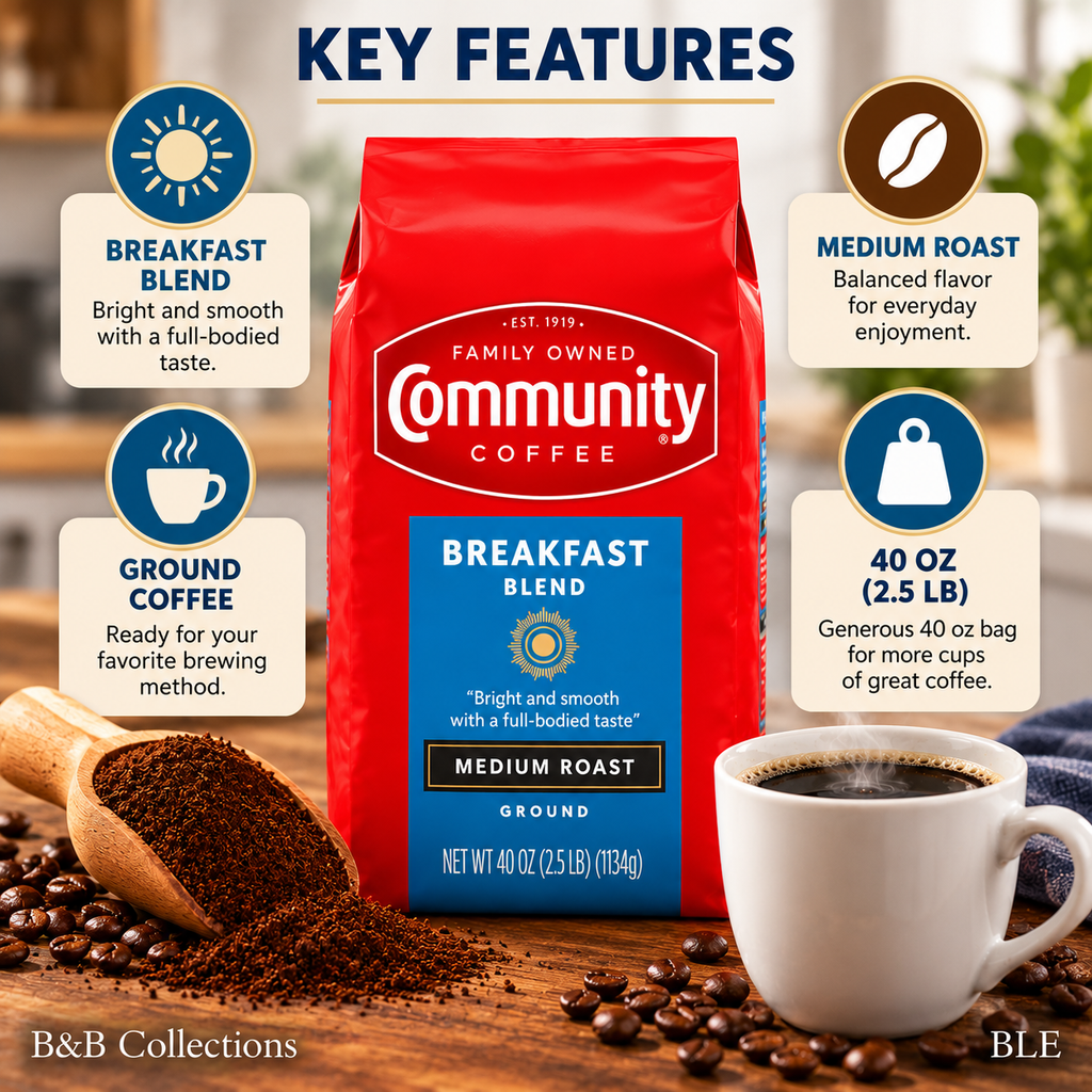 Community Coffee Breakfast Blend Medium Roast Ground Coffee, 40 oz (2.5 lb), Bright & Smooth, Full-Bodied Flavor