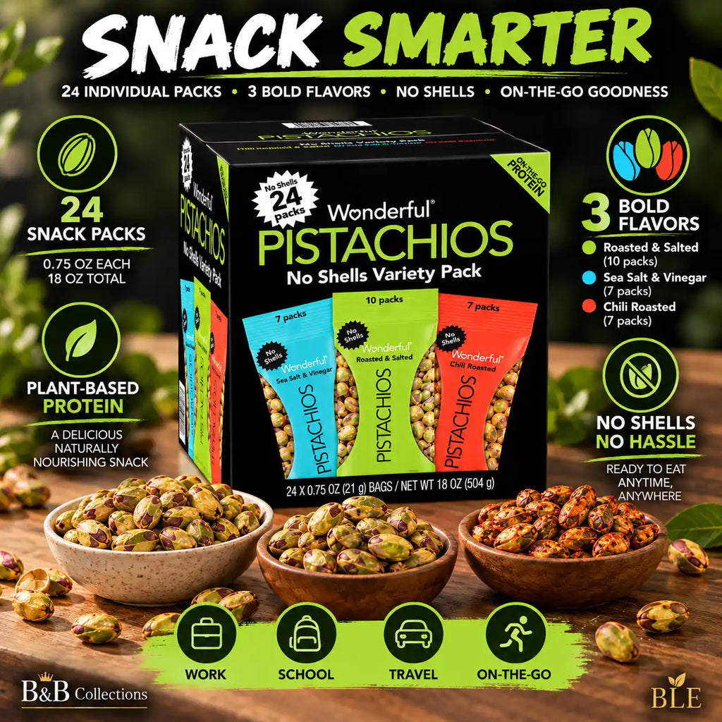 Wonderful Pistachios No Shells Variety Pack, 24 Individual Snack Bags, Roasted & Salted, Sea Salt & Vinegar, Chili Roasted, 0.75 oz Each, 18 oz Total
