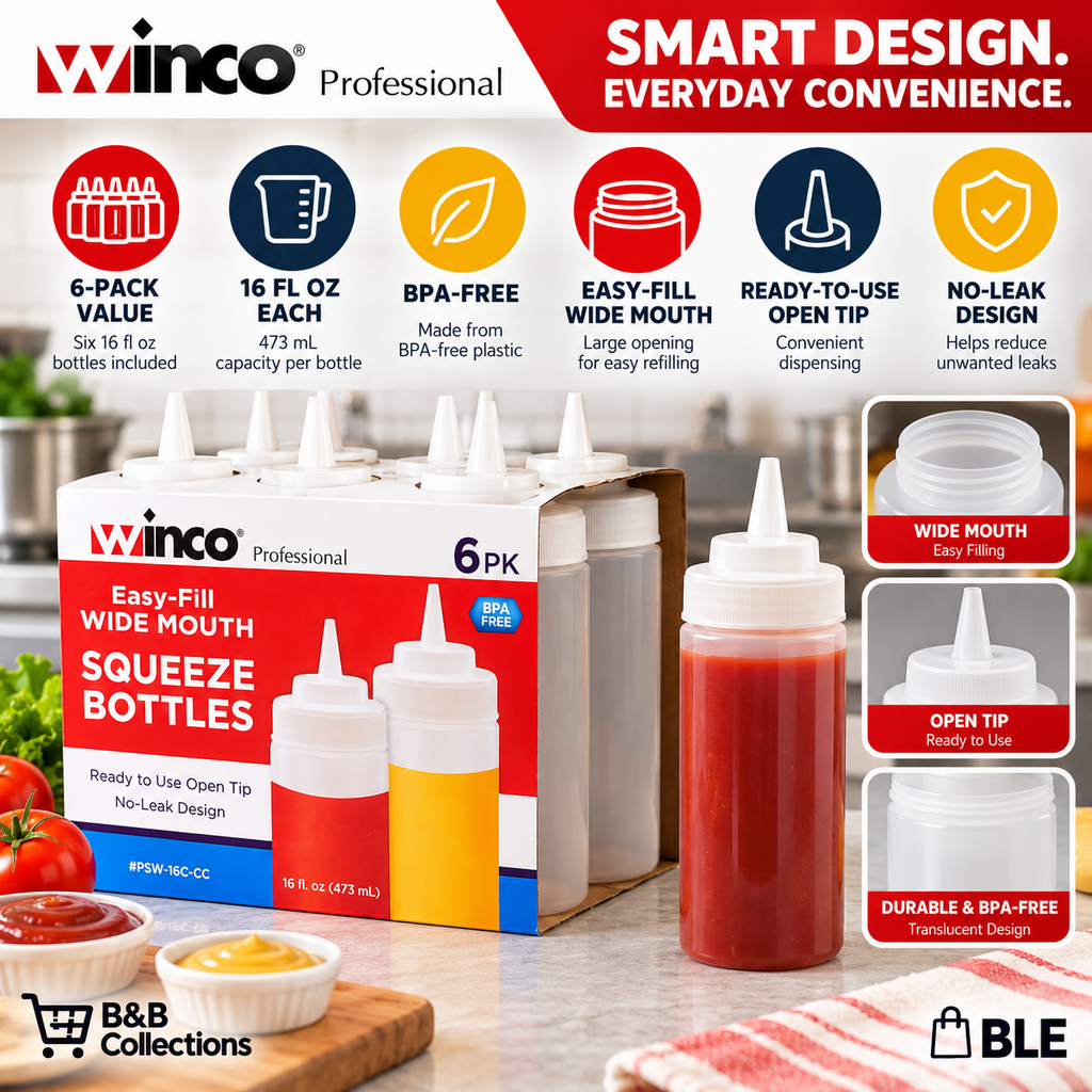 Winco Professional Easy-Fill Wide Mouth Squeeze Bottles, 16 fl oz Each, BPA-Free, No-Leak Design, Open Tip Condiment Dispensers, 6 Pack