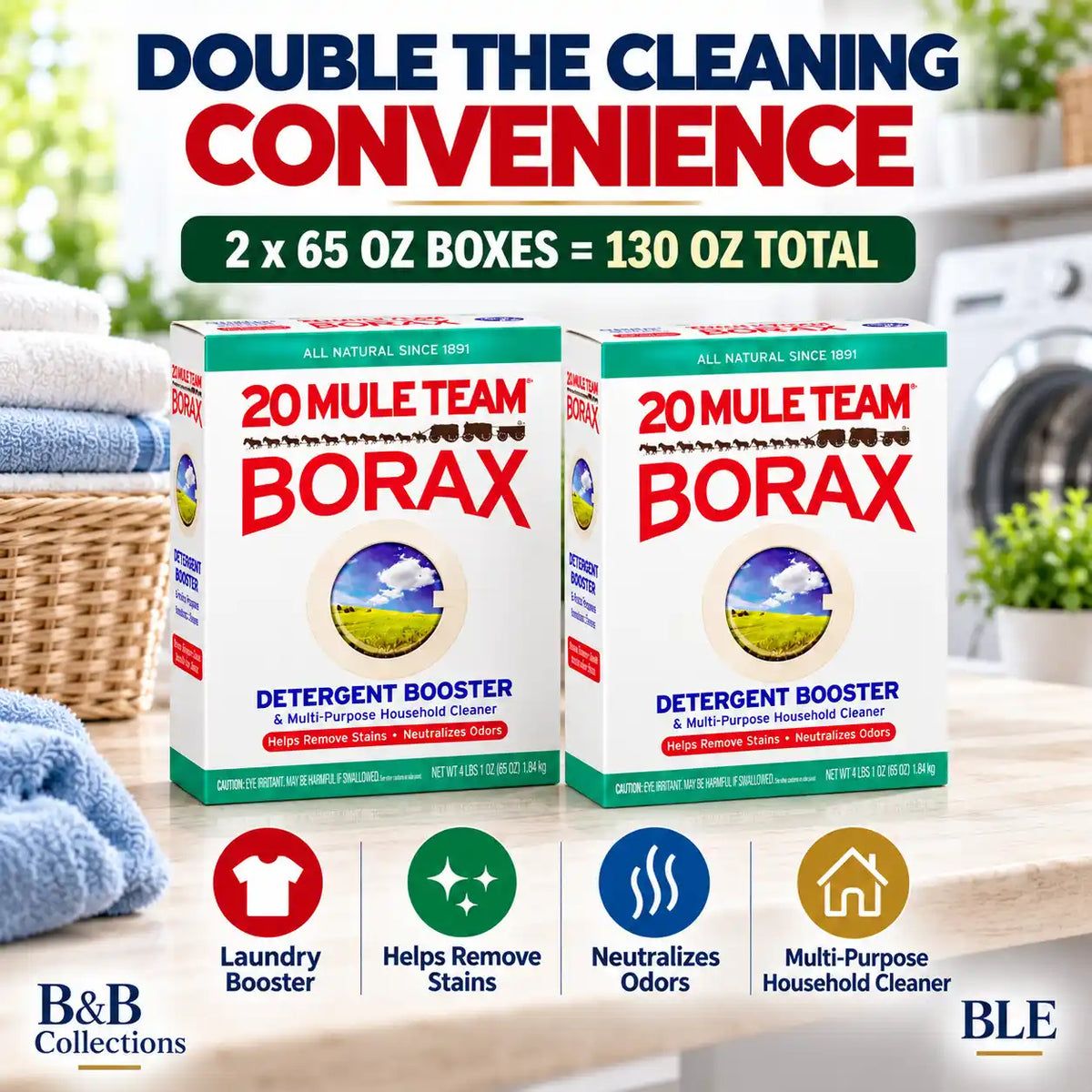 20 Mule Team Borax All Natural Laundry Detergent Booster & Multi-Purpose Household Cleaner, Helps Remove Stains & Neutralize Odors, 65 oz (Pack of 2)