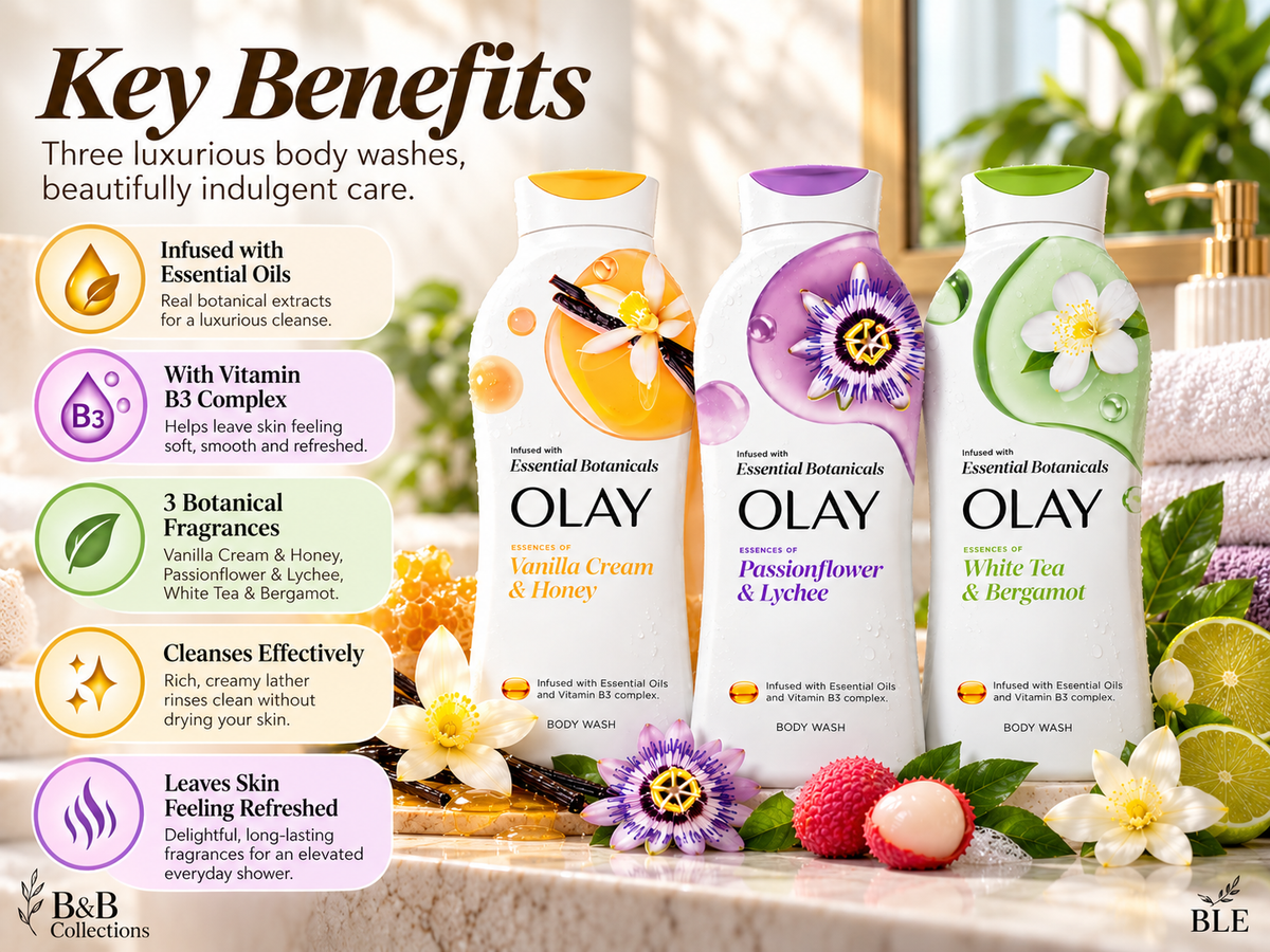 Olay Essential Botanicals Body Wash Variety Pack, Vanilla Cream & Honey, Passionflower & Lychee, White Tea & Bergamot, Essential Oil Infused, 23.6 fl oz Each, 3-Pack