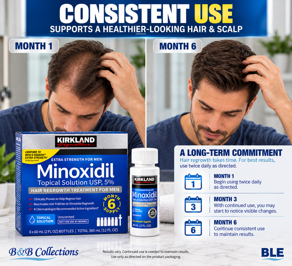 Kirkland Signature Minoxidil 5% Topical Solution for Men, Extra Strength Hair Regrowth Treatment, Unscented, 6-Month Supply, 6 x 60 mL