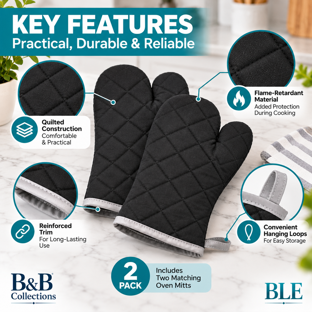 Nouvelle Legende Flame Retardant Quilted Oven Mitts, Heat-Resistant Kitchen & Outdoor Cooking Gloves, Black, 2-Pack