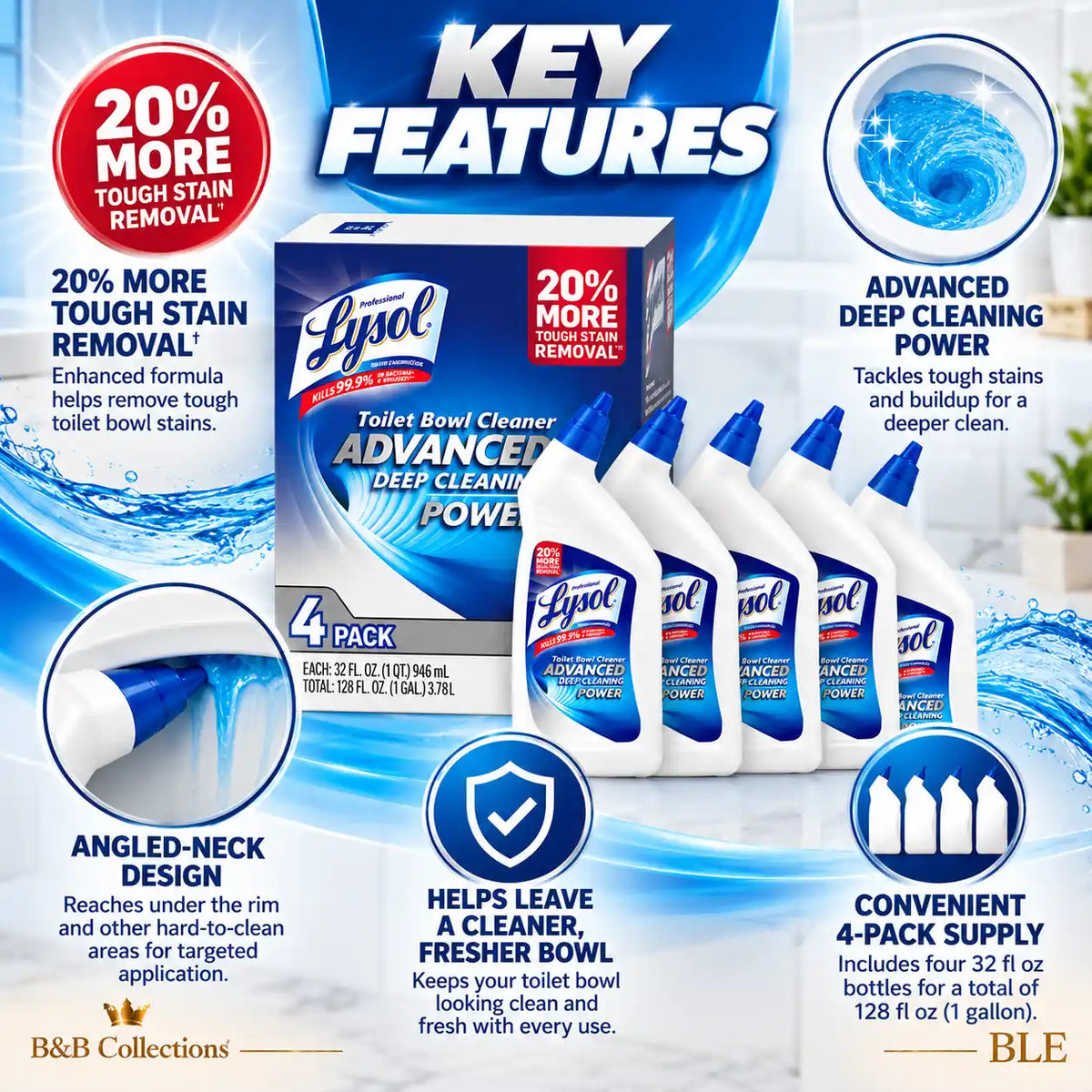 Lysol Advanced Deep Cleaning Power Toilet Bowl Cleaner, 20% More Tough Stain Removal, 32 fl oz Bottles, 4-Pack (128 fl oz Total)