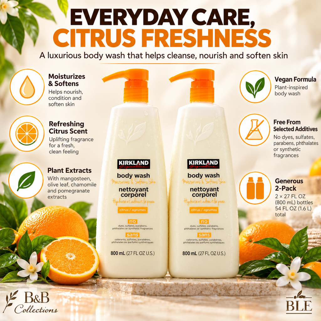 Kirkland Signature Citrus Body Wash, 2-Pack, 27 fl oz Each (54 fl oz Total) – Moisturizes & Softens Skin, Vegan Formula with Plant Extracts, Refreshing Citrus Scent, Pump Bottles
