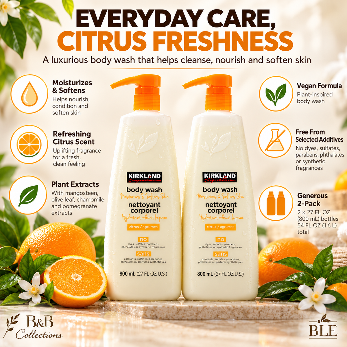 Kirkland Signature Citrus Body Wash, 2-Pack, 27 fl oz Each (54 fl oz Total) – Moisturizes & Softens Skin, Vegan Formula with Plant Extracts, Refreshing Citrus Scent, Pump Bottles