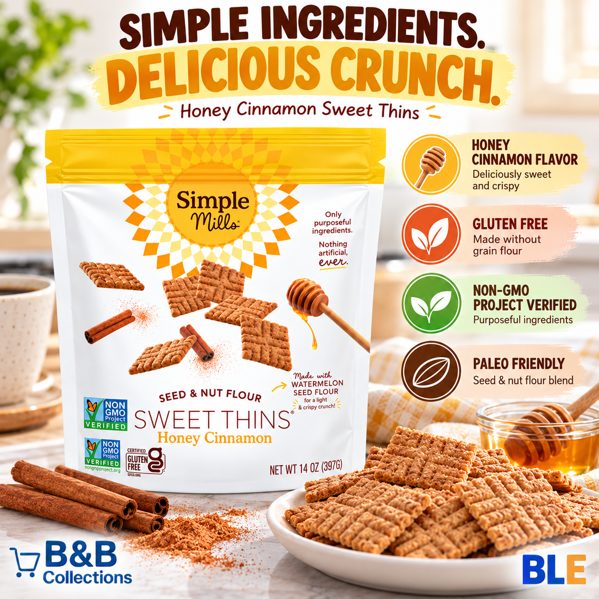 Simple Mills Sweet Thins Honey Cinnamon Cookies, Seed & Nut Flour, Gluten Free, Non-GMO, Paleo Friendly, 14 oz