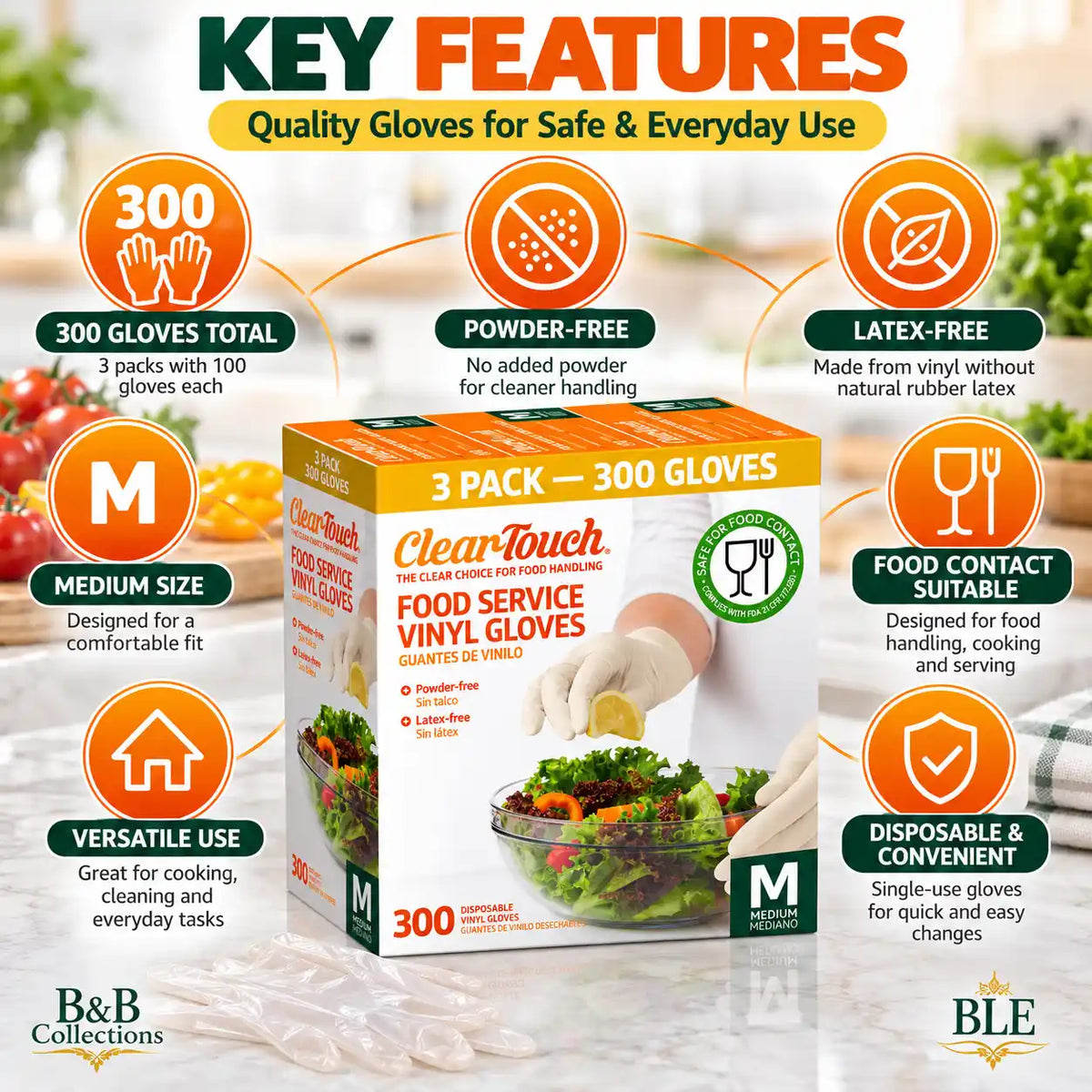 ClearTouch Food Service Vinyl Gloves, Medium Size, Powder-Free, Latex-Free, Disposable Gloves for Food Handling, Cooking, Cleaning & Everyday Use, 300 Count (3 Pack)