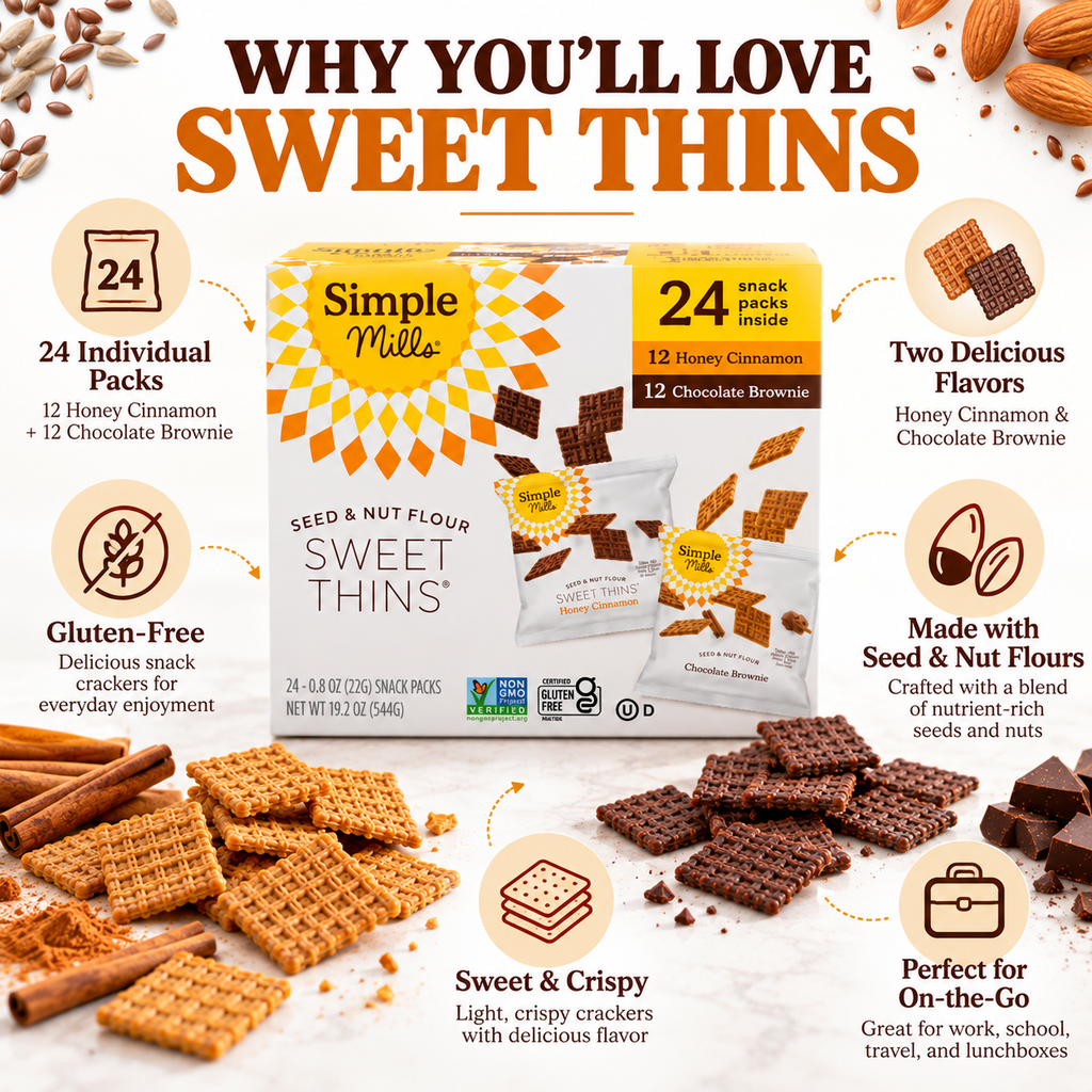 Simple Mills Seed & Nut Flour Sweet Thins Variety Pack, Honey Cinnamon & Chocolate Brownie, Gluten-Free Sweet Snack Crackers, 24 Individual Packs, 19.2 oz