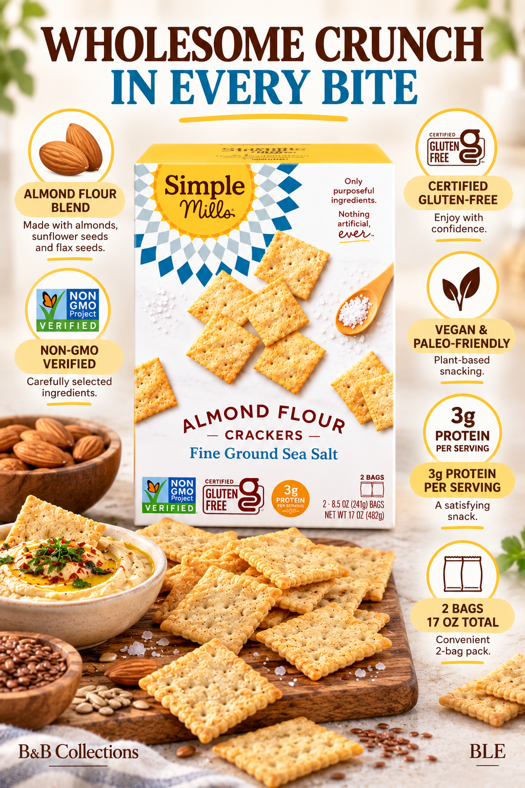 Simple Mills Almond Flour Crackers, Fine Ground Sea Salt, Gluten-Free, Grain-Free, Non-GMO, Vegan, Paleo-Friendly, 3g Protein, 2 Bags (8.5 oz Each)