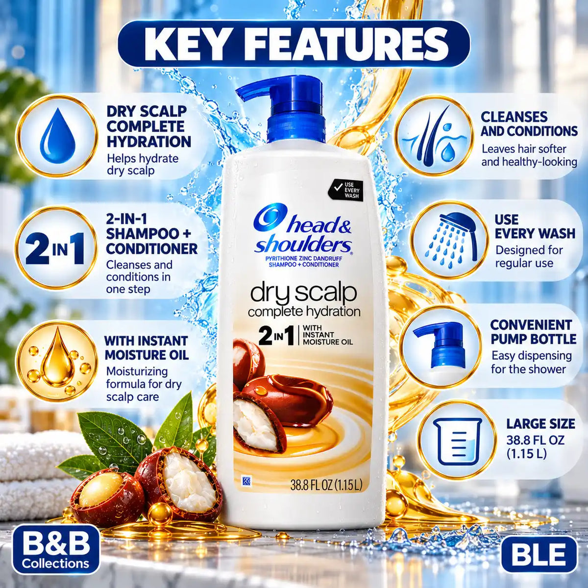 Head & Shoulders Dry Scalp Complete Hydration 2-in-1 Shampoo + Conditioner with Instant Moisture Oil, 38.8 fl oz (1.15 L)