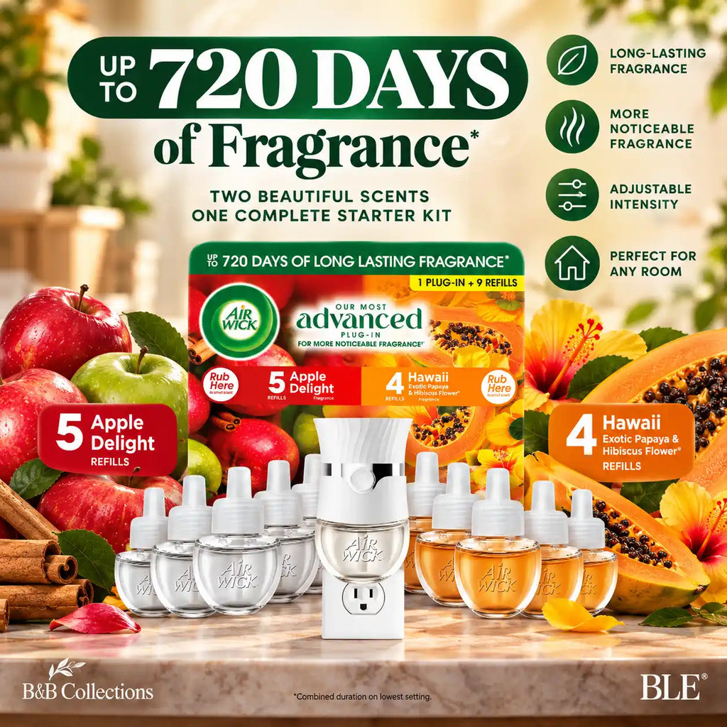 Air Wick Advanced Plug-In Scented Oil Starter Kit, 1 Warmer + 9 Refills, Apple Delight & Hawaii Exotic Papaya Hibiscus Flower, Up to 720 Days of Fragrance