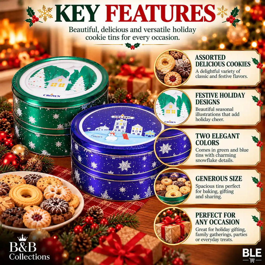 Holiday Winter Village Decorative Cookie Tins, Assorted Christmas Designs, Green & Purple Metal Tins, 4-Pack, 4 lb Total