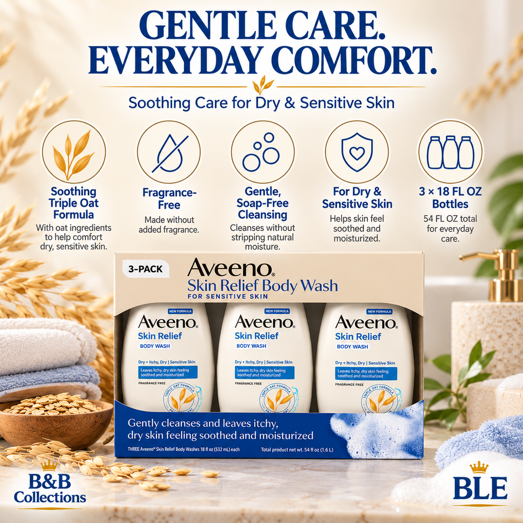 Aveeno Skin Relief Body Wash for Sensitive Skin, Soothing Triple Oat Formula, Fragrance-Free, 18 fl oz Each, 3-Pack (54 fl oz Total)