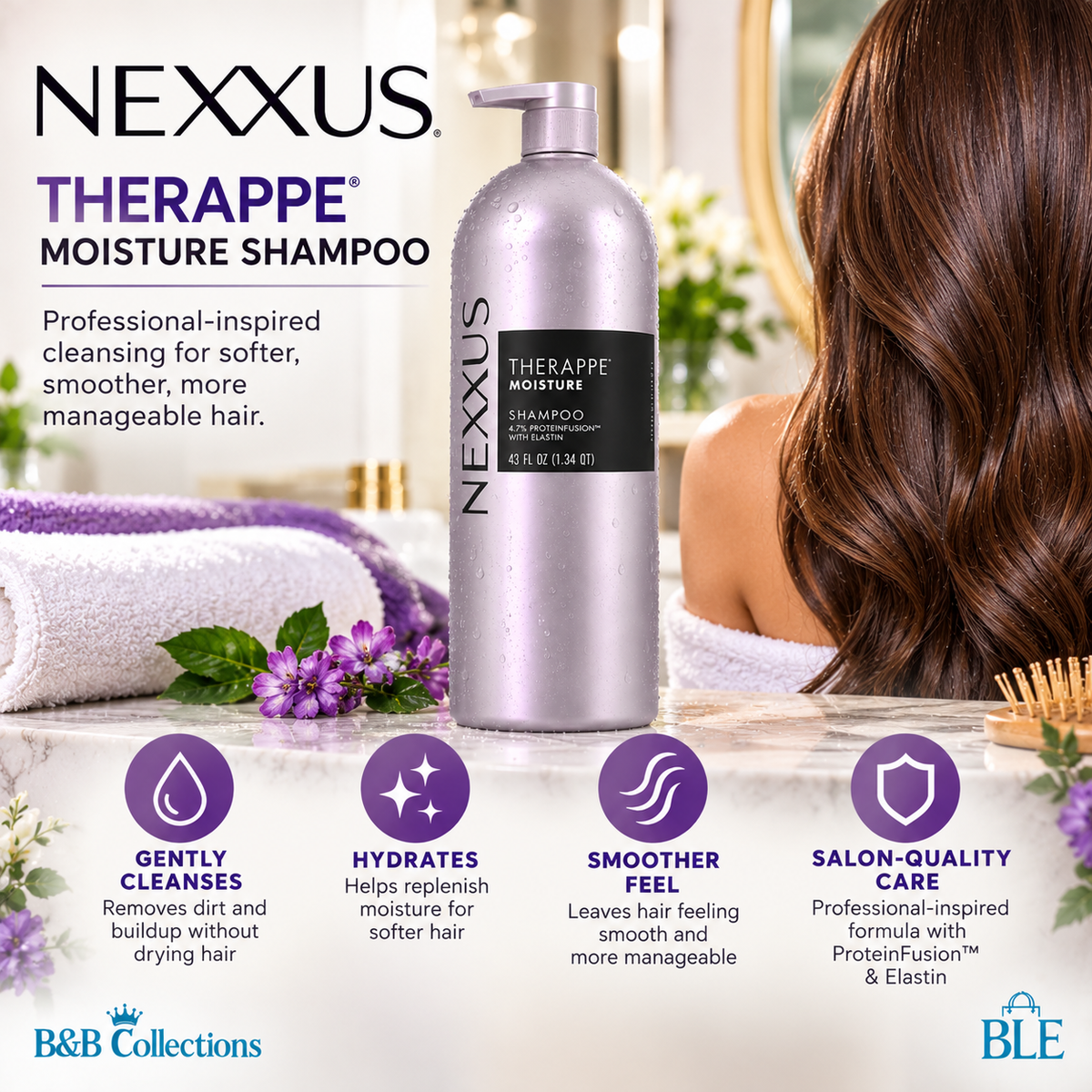 Nexxus Therappe Moisture Shampoo, 43 fl oz, Hydrating Shampoo for Dry Hair, Salon-Quality Hair Care, Pump Bottle