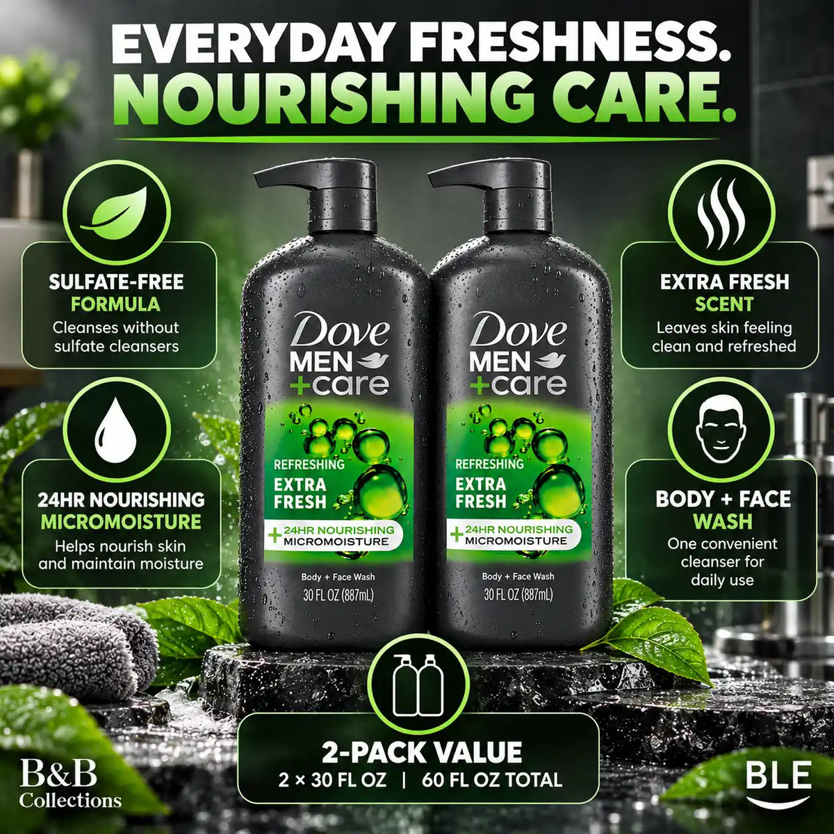 Dove Men+Care Extra Fresh Body & Face Wash, Sulfate-Free, 24HR Nourishing MicroMoisture, Refreshing Scent, 30 fl oz Each, 2-Pack (60 fl oz Total)