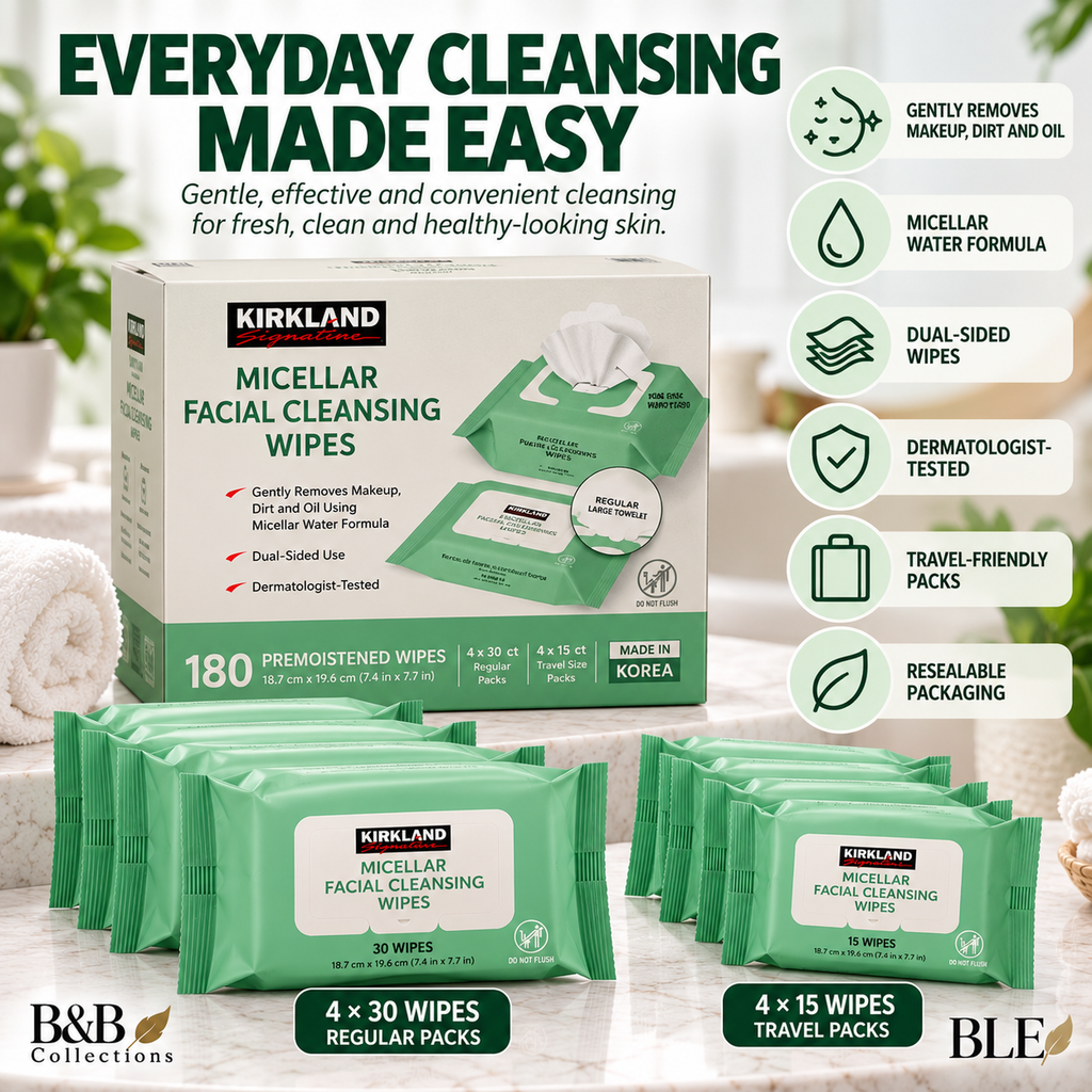 Kirkland Signature Micellar Facial Cleansing Wipes, 180 Count, 4 Regular Packs (30 Wipes Each) + 4 Travel Packs (15 Wipes Each), Makeup Remover, Resealable, Dual-Sided