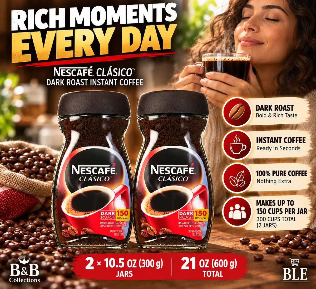 NESCAFÉ CLÁSICO Dark Roast Instant Coffee, 10.5 oz Jars, 2 Pack, 21 oz Total, Makes Up to 300 Cups