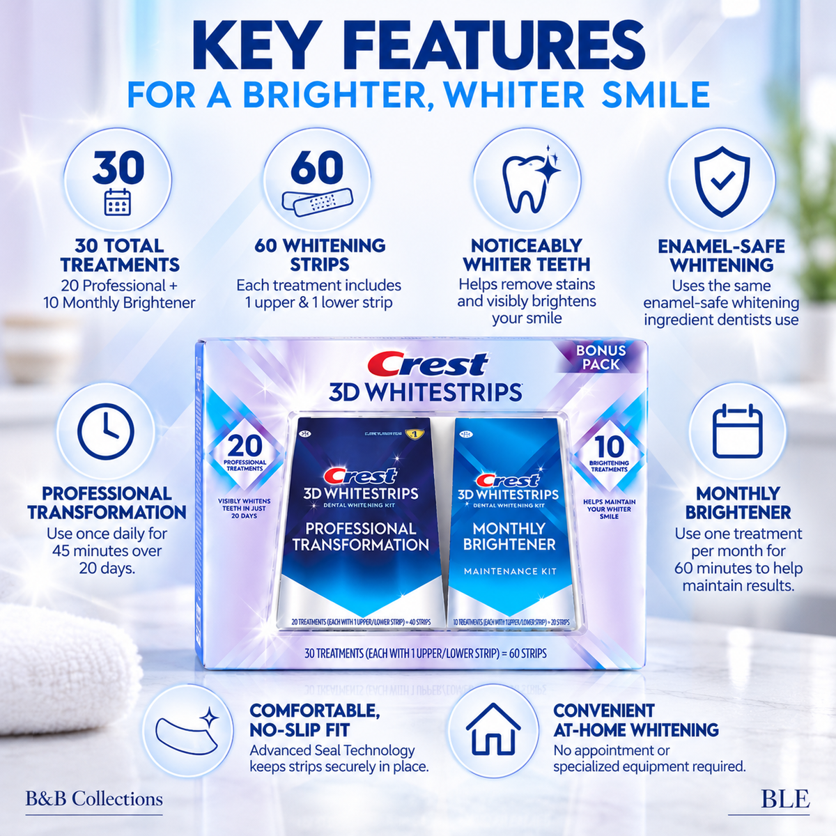 Crest 3D Whitestrips Professional Transformation Teeth Whitening Kit, 20 Treatments + 10 Monthly Brightener Treatments
