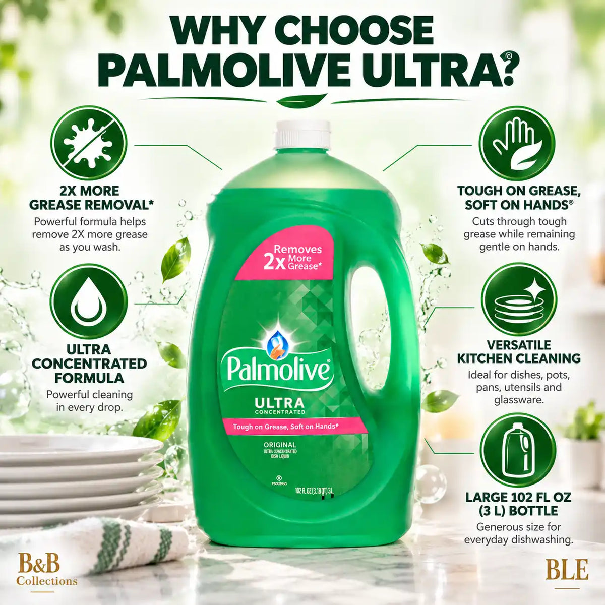 Palmolive Ultra Original Concentrated Dish Liquid, 102 fl oz (3 L), Powerful Grease-Cutting Formula, Tough on Grease, Soft on Hands, Large Economy Bottle