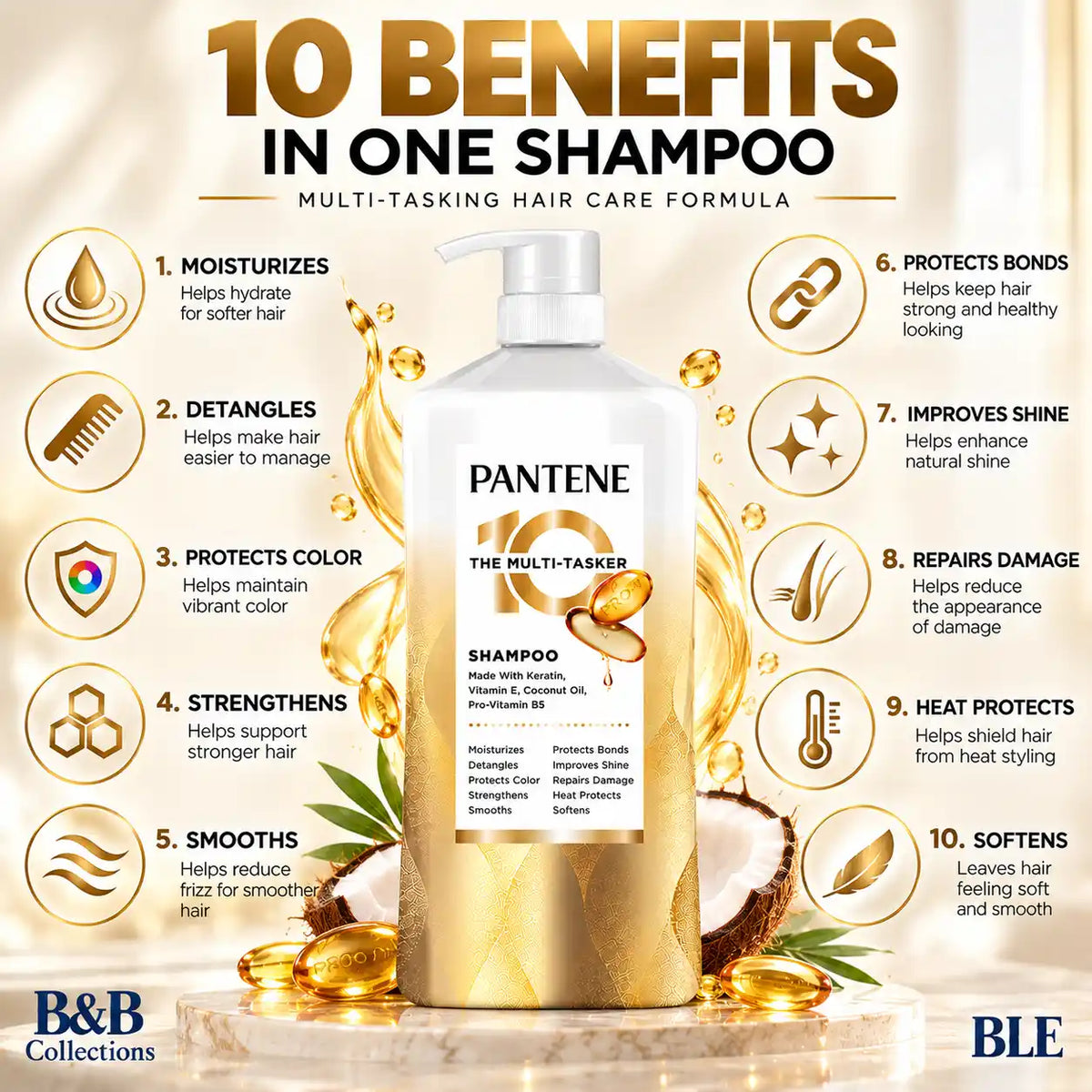 Pantene Pro-V The Multi-Tasker 10 Shampoo, 10-in-1 Hair Benefits, Keratin, Vitamin E, Coconut Oil & Pro-Vitamin B5, Moisturizing & Strengthening Hair Care, Pump Bottle