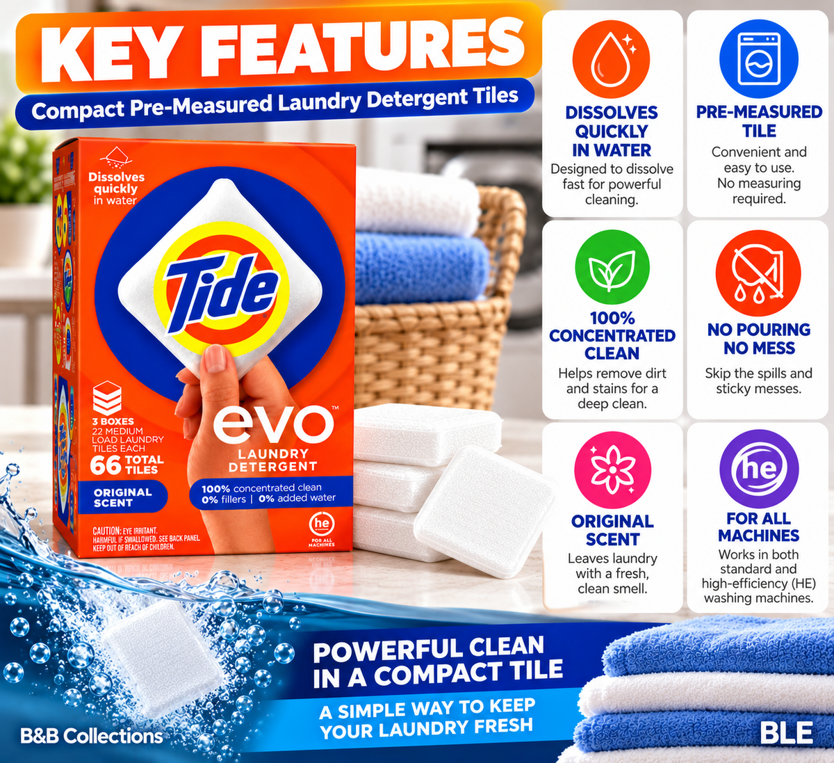 Tide evo Laundry Detergent Tiles, Original Scent, 66 Total Tiles, 3 Boxes, Concentrated Pre-Measured Laundry Detergent