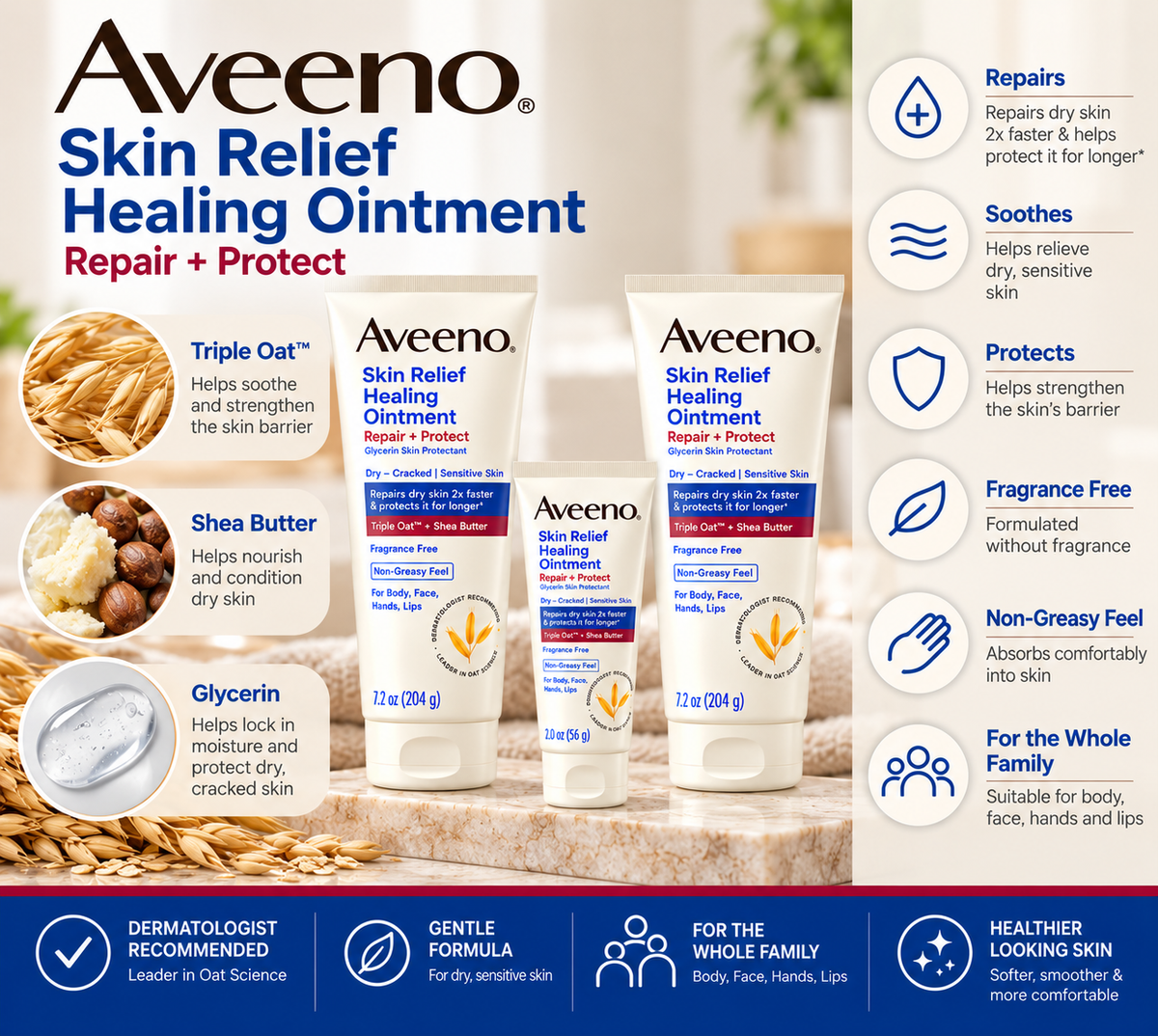 Aveeno Skin Relief Healing Ointment Repair + Protect, Fragrance-Free, Dry & Cracked Skin Treatment, 3-Pack (2 × 7.2 oz + 1 × 2 oz), 16.4 oz Total