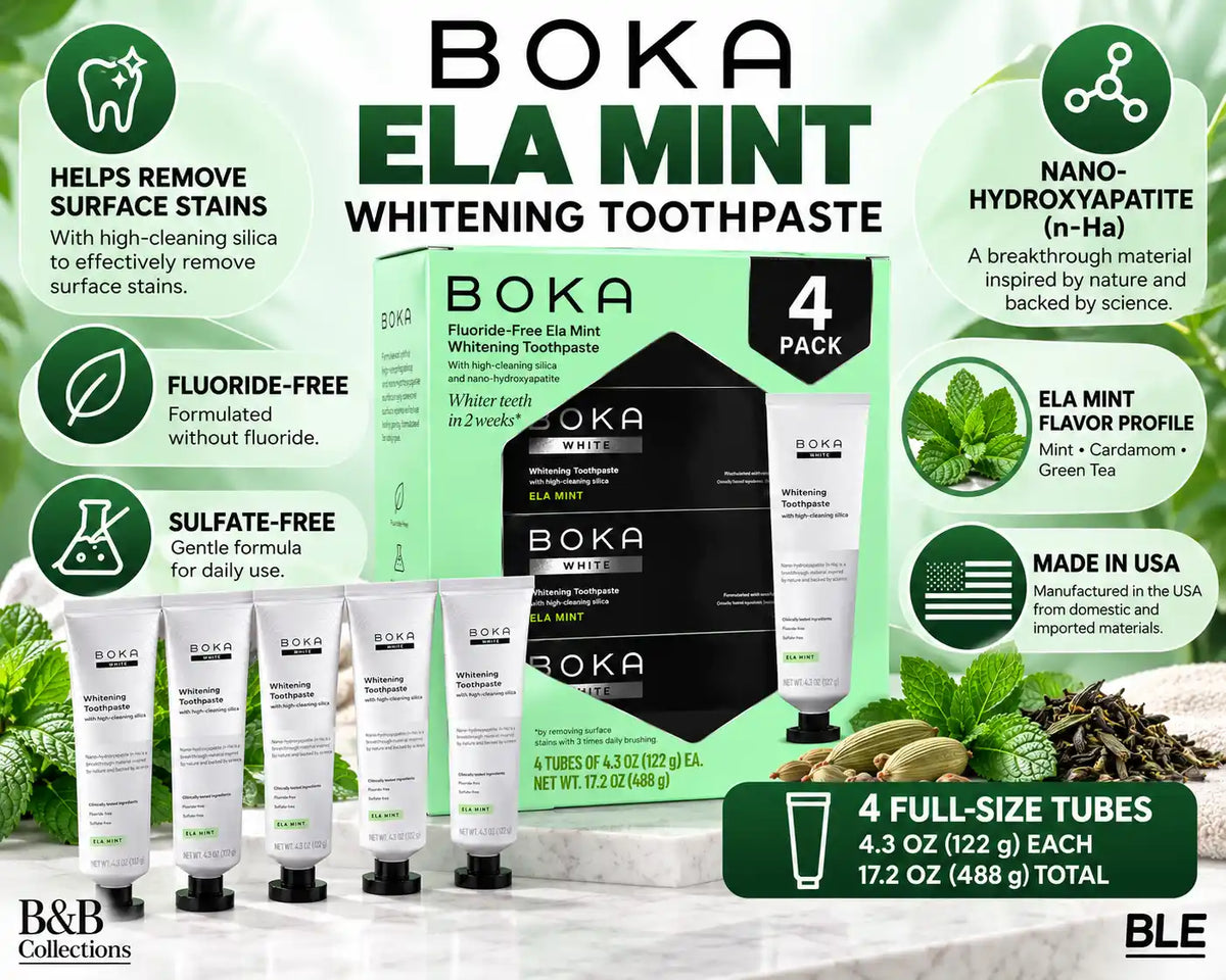Boka Fluoride-Free Ela Mint Whitening Toothpaste with Nano-Hydroxyapatite & High-Cleaning Silica, 4.3 oz Tubes, 4 Pack, 17.2 oz Total