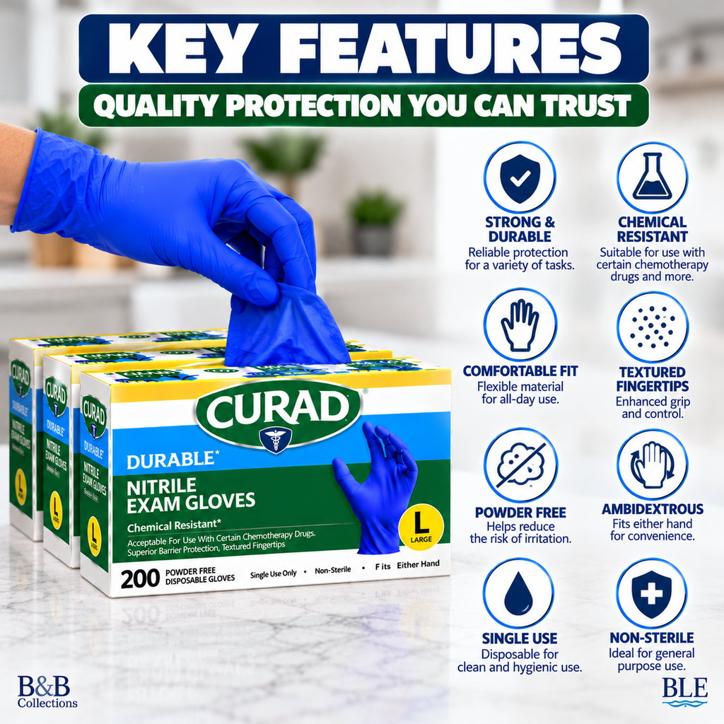 CURAD Durable Nitrile Exam Gloves, Large, Powder-Free, Chemical Resistant, Latex-Free, Disposable, Non-Sterile, 600 Count (3 Boxes of 200)