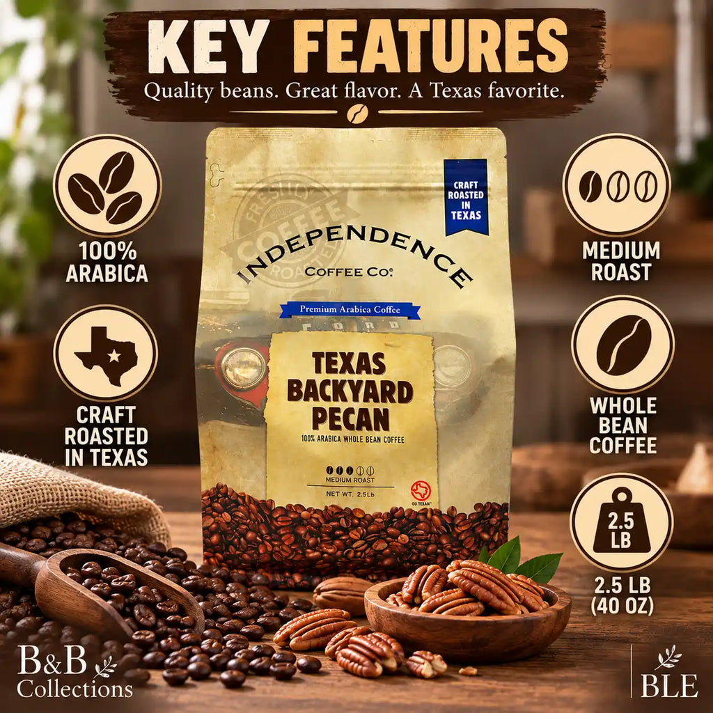 Independence Coffee Co. Texas Backyard Pecan Medium Roast Whole Bean Coffee, 100% Arabica, Craft Roasted in Texas, 2.5 lb (40 oz)