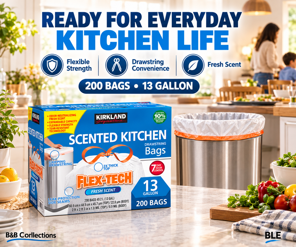 Kirkland Signature Flex-Tech Scented Kitchen Trash Bags, 13 Gallon, Fresh Scent, Drawstring, 200 Count